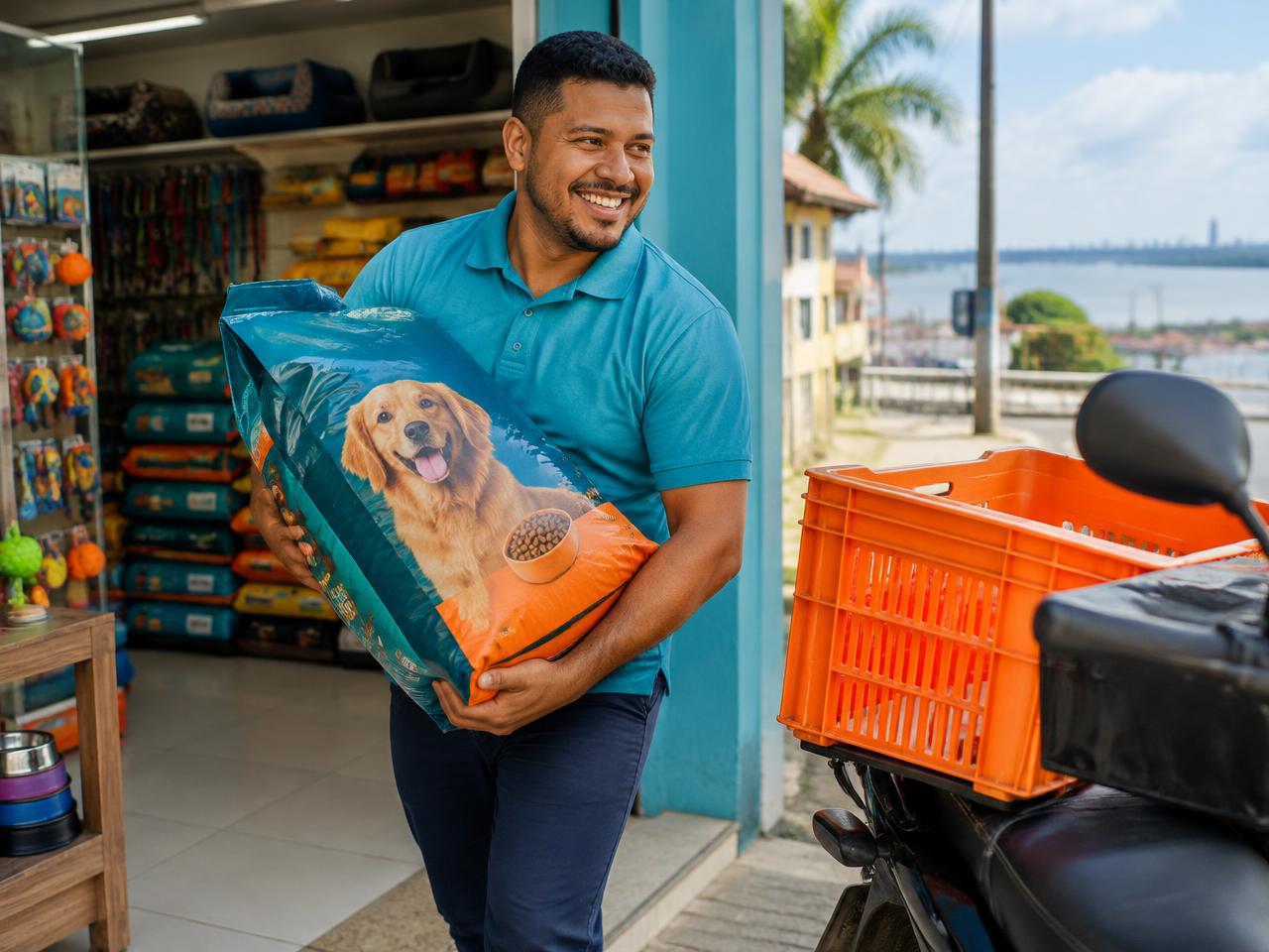 Atendente preparando a entrega de um saco grande de ração